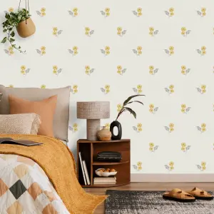 Grandeco Clematis Floral Sprig Textured  Blown Vinyl Wallpaper, Yellow