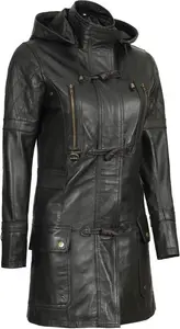 Womens Leather Coat With Hood | Black 3 4 Length Leather Jacket