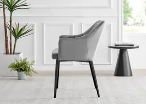 Set of 2 Calla Elephant Grey Deep Padded High Arm Soft Touch Stitched Velvet Black Powder Coated Leg Dining Chairs