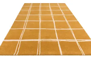 Gold Chequered Wool Modern Shaggy Handmade Rug For Living Room Bedroom & Dining Room-120cm X 170cm