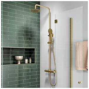 Brushed Brass Overhead Thermostatic Rigid Riser Shower Kit