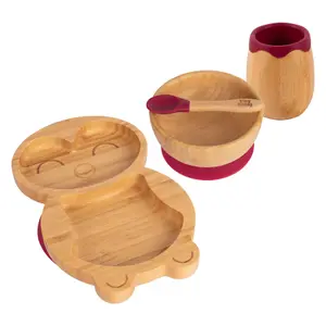 Tiny Dining - Penguin Bamboo Suction Baby Feeding Set - Red - 4pc