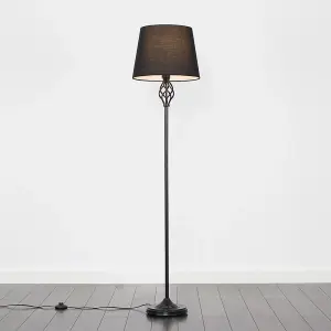 ValueLights Memphis Traditional Style Black Barley Twist Floor Lamp with Black Tapered Light Shade - with LED GLS Bulb