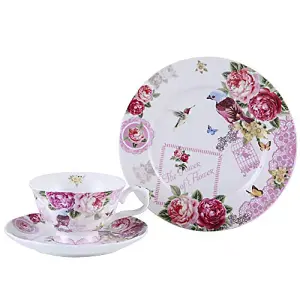 London Boutique Afternoon Tea Set 3 Coffee Tea cup and Saucer Dessert Plate (Bird Rose Butterfly)