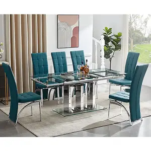 Rihanna Extending Clear Dining Table With 6 Ravenna Teal Chairs