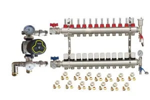 Warmer System Underfloor Heating 12 Port Manifold with 'A' Rated Auto Pump GPA25-6 III and Blending Valve Set