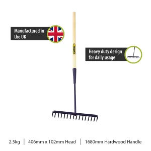 Pegdev - PDL - Tarmac Rake Wooden Handle - 16 Teeth Heavy Duty Design for Building Gardening Sand Gravel Professional Ground Care