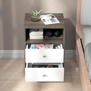 HOMCOM Bedside Tables Set of 2, Modern Nightstand with 2 Drawers and Open Cubby