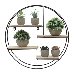 4 Wooden Shelves Modern Round Floating Wall Mount Shelf Wall Accent with Iron Frame