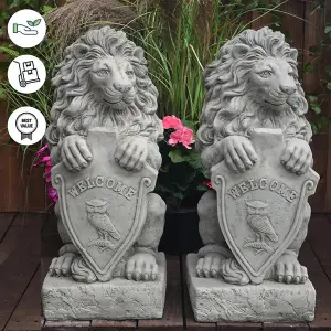 Pair of Gatepost Lion statues with Shield