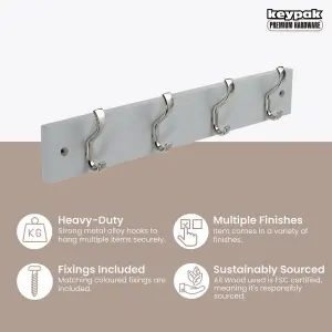 keypak Wall-Mounted Coat Rack - 4 Hooks on Modern Wooden Base for Wall & Door - 38cm (Satin Nickel/Dove Grey)