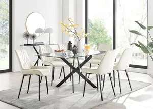 Furniturebox UK Leonardo Black Leg Glass Dining Table & 6 Cream Pesaro Black Leg Chairs