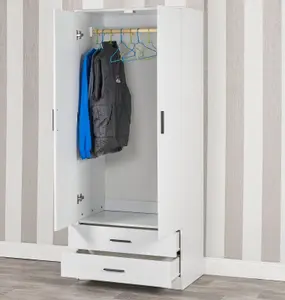 URBNLIVING 180cm Tall 2 Door Wardrobe With 2 Drawers White Carcass and White Drawers Bedroom Storage Hanging Bar Clothes