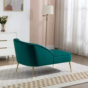 Vieste 130cm Wide Green Velvet Fabric Shell Back Chaise Lounge Sofa with Golden Coloured Legs