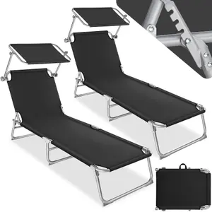 Sun Lounger Set of 2 - foldable, adjustable sunshade and 4-step backrest - black