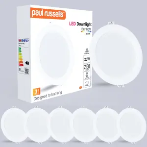 paul russells LED Round Panel Ceiling Lights, 20W 2150 Lumens, Spotlights, IP20, 6500K Day Light, Pack of 6