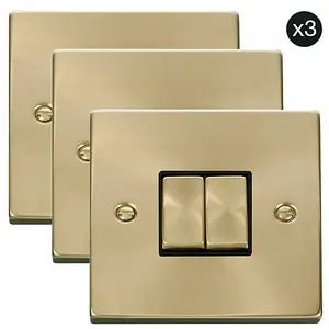 3 PACK - Satin / Brushed Brass 10A 2 Gang 2 Way Ingot Light Switch - Black Trim - SE Home