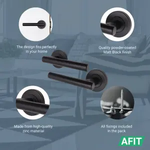 AFIT Matt Black Internal Door Handle - 5 Pairs Matt Black Lever on Rose Round T-Bar  Handles- Olvera Range