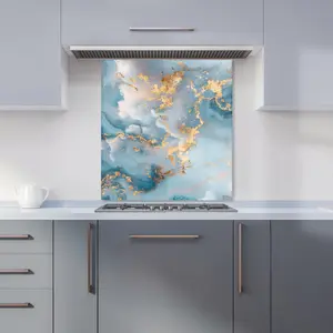 Blue And Gold Marble Effect Premium Glass Kitchen Splashback W600mm x H600mm