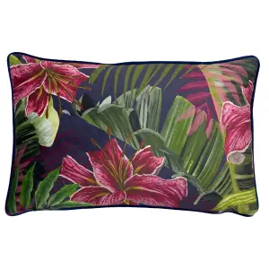 Paoletti Kala Floral Printed Piped Velvet Reverse Polyester Filled Cushion