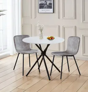 Hallowood Furniture Cullompton Small Round Dining Table 90cm with 2 Grey Leather Effect Chairs