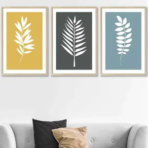 Set of 3 Framed Yellow, Grey, Blue Graphical Leaves Wall Art Prints / 50x70cm / Oak Frame