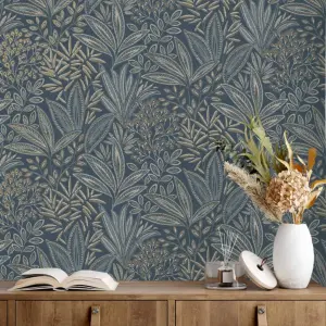 Sahara Leaf Navy Blue Tropical Leaf Wallpaper M1784