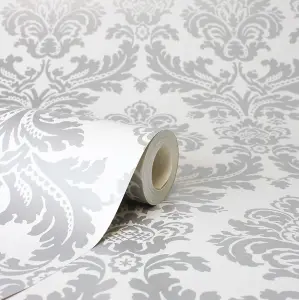 Silver Grey Damask Wallpaper Floral Feature Vintage Retro Metallic Smooth Finish