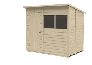 Forest Garden Overlap 7x5 ft Pent Wooden Pressure treated Shed with floor & 2 windows (Base included) - Assembly service included