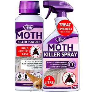 Aviro Moth Killer Pack - Fast Acting Moth Repellent Spray & Powder for Carpets, Clothes, & Wardrobes. 1 Litre Spray & 300g Powder