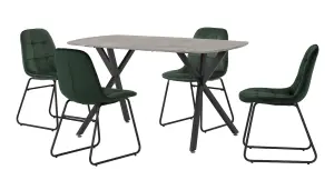 Athens Dining Set Concrete Effect with 4 Green Velvet Chairs