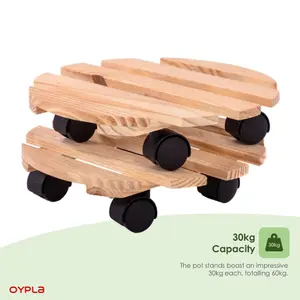 Oypla Set of 2 30cm Wooden Plant Flower Pot Mobile Mover Trolley Stands