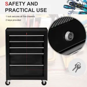 HOMCOM 5-Drawer Lockable Steel Tool Storage Cabinet Wheels Handle 2 Keys Black