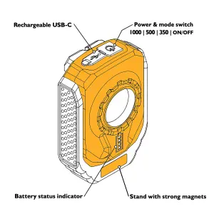 JCB Pocket 1000 lm Rechargeable Worklight, 8hr Runtime, 3 Settings, Magnetic Stand, USB-C-JCB-WL-POCKET