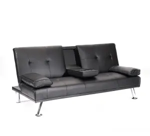 Faux Leather Folding Sofa Bed With Cup Holders Cinema Style, Black