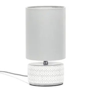 ValueLights Kaia Grey and White Etched Ceramic Table Lamp with a Fabric Lampshade Bedside Light - Bulb Included