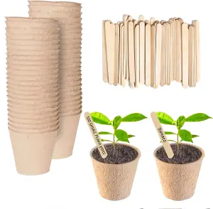 100 Pack 6cm Plant Pots for Seedlings - Eco-Friendly Fiber Pots with Wooden Labels for Easy Transplanting