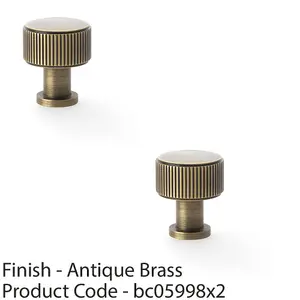 2 PACK - Round Reeded Door Knob - 29mm Diameter Antique Brass Lined Cupboard Pull Handle