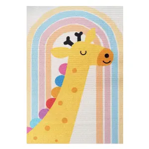 Cream Rainbow Giraffe Kids Play Mat Soft Non Slip Washable Bedroom Rug 80x150cm