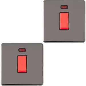 2 PACK 1 Gang Single 45A DP Cooker Switch & Neon SCREWLESS BLACK NICKEL Rocker