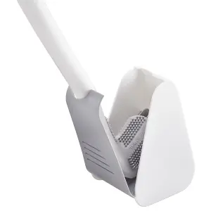 Reach Everywhere Silicone Toilet Brush with Holder - Grey & White Flexible Bristle Anti-Scratch Right-Angled Loo Cleaning Tool