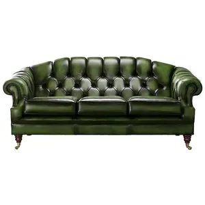 Chesterfield 3 Seater Antique Green Leather Sofa Settee In Victoria Style