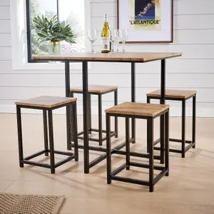 Home Source Paphos Table and 4 Bar Stool Set Oak Effect Black Metal Legs