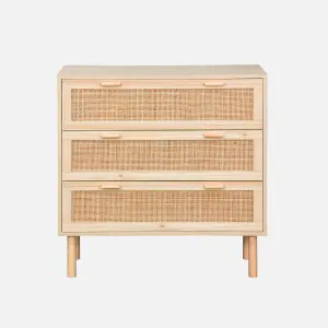 sweeek. 3-drawer chest with cane and wooden effect Camargue Natural 80x40x80 cm