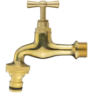 Garden Tap Faucet Mixer, Solid Brass, Polished, 1/2" BSPM with Quick Release Hose Connector