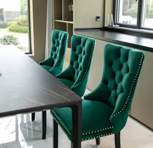 Set of 4 Lux Green Velvet Kitchen Dining Chairs with Pull Knocker Wing Back Bedroom Office Chairs