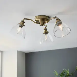 Luminosa Hansen Multi Arm Glass Semi Flush Ceiling Lamp, Antique Brass Plate, Glass