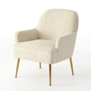 Beige Velvet Armchair Upholstered Accent Chair Lounge Chair Arm Chair with Gold Plated Feet