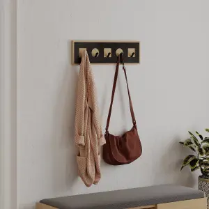 Decortie Modern Icon Oak Wall-Mounted Hanger with Black Metal 5 Hook for Coats, Round Square Shape 54.20(W)x2(D)x16(H)cm