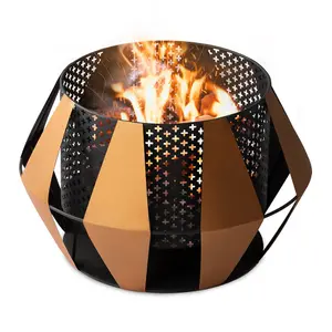 SUNBURST IRON FIRE PIT WITH BBQ GRILL - BLACK / BRONZE